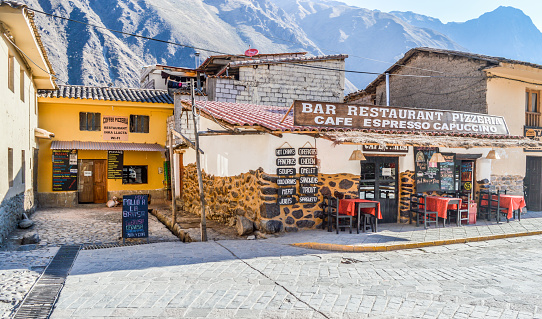 Ollantaytambo, Peru - August 25, 2014: A tourist restaurant in the ancient town of Ollantaytambo. Photo taken during the day.