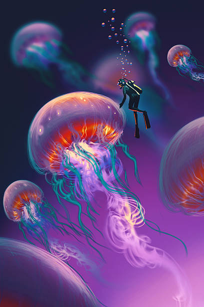istock big jellyfishes and diver in fantasy underwater 537895392