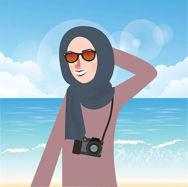 Vector illustration of woman wear hijab and glasses casual in beach while bring