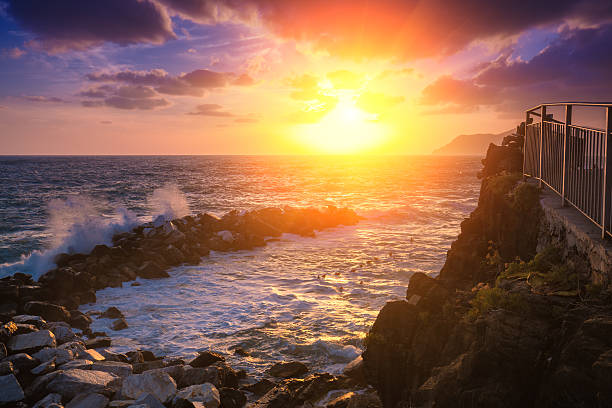 Sunset over rocky sea coast