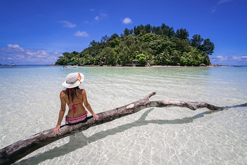 Back view of a woman sitting on a tree branch in the sea while spending a summer day on Moyenne island.