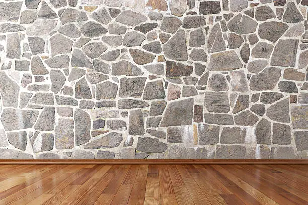 Modern empty interior with stone wall and wooden floor