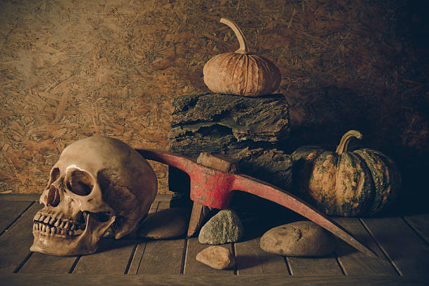 muerta cráneo y calabaza en la madera. - vanitas fotografías e imágenes de stock