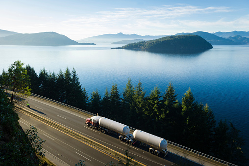 Transport truck driving along Highway 99, BC, Canada