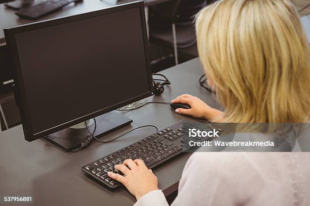 Mature Student Looking At Computer Screen Stock Photo - Download Image Now - Over The Shoulder View, Computer Monitor, Desktop PC