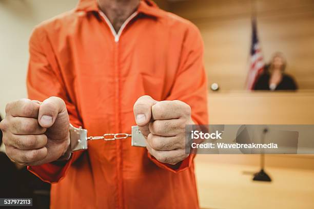 Prisoner In Handcuffs Clenching Fists Stock Photo - Download Image Now - Courtroom, Handcuffs, Indoors