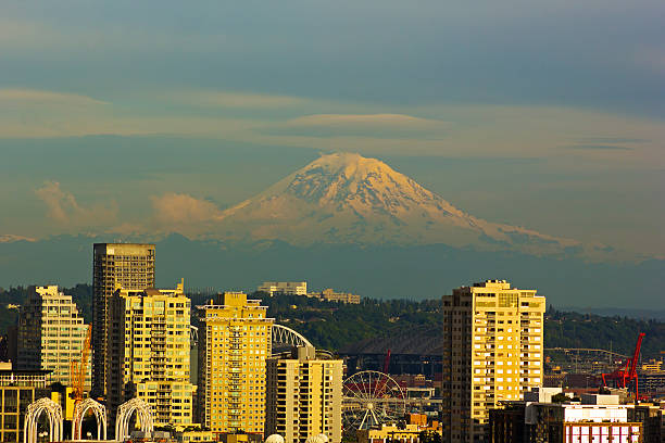 istock Mount Rainier and Seattle buildings at sunset hours. 537972233