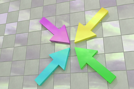 3d rendering of some colored arrows on a tiles floor