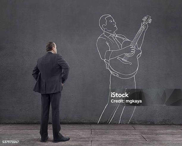 Businessman And Guitarman Stock Photo - Download Image Now - Acoustic Guitar, Drawing - Activity, Drawing - Art Product