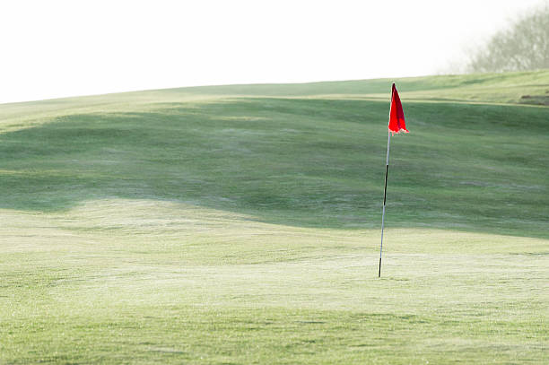 Red flag and flagpole on golf green.