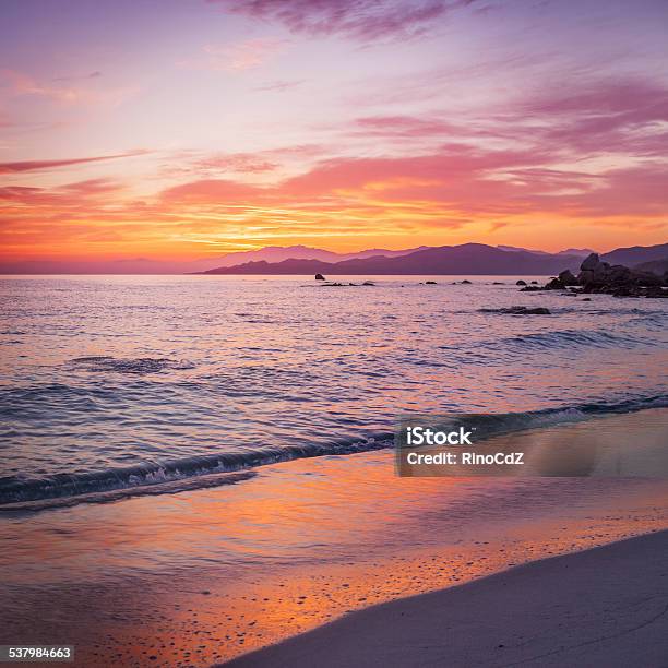 Seashore And Beach At Dawn Square Stock Photo - Download Image Now - Corsica, Sunset, Beach