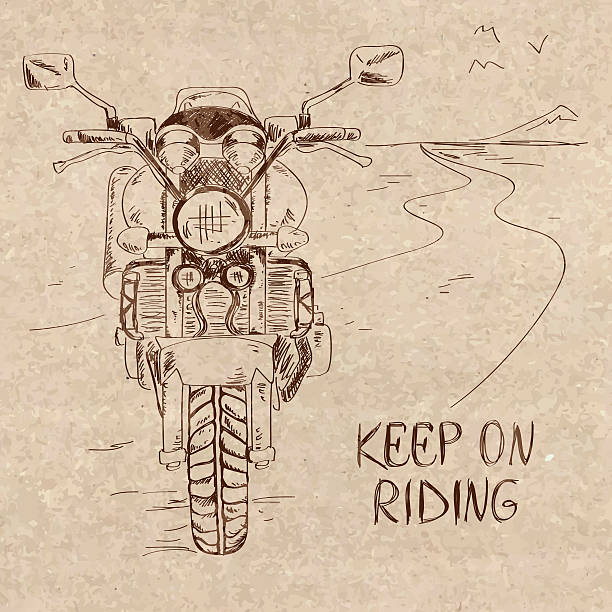 Retro sketch illustration with motorbike Retro hand drawn sketch illustration with motorbike standing on the road. Freedom concept helicopter free drawing stock illustrations