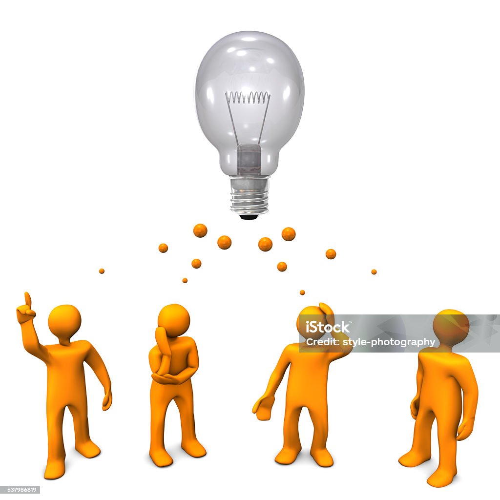 Development Orange cartoon characters with a big bulb. White background. 2015 Stock Photo