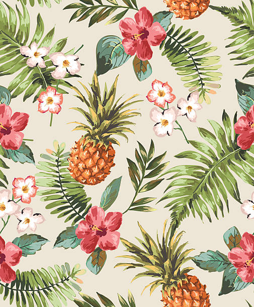 ilustrações, clipart, desenhos animados e ícones de vintage flores tropicais sem costura com abacaxi vector de fundo padrão - hawaiian culture hibiscus print pattern