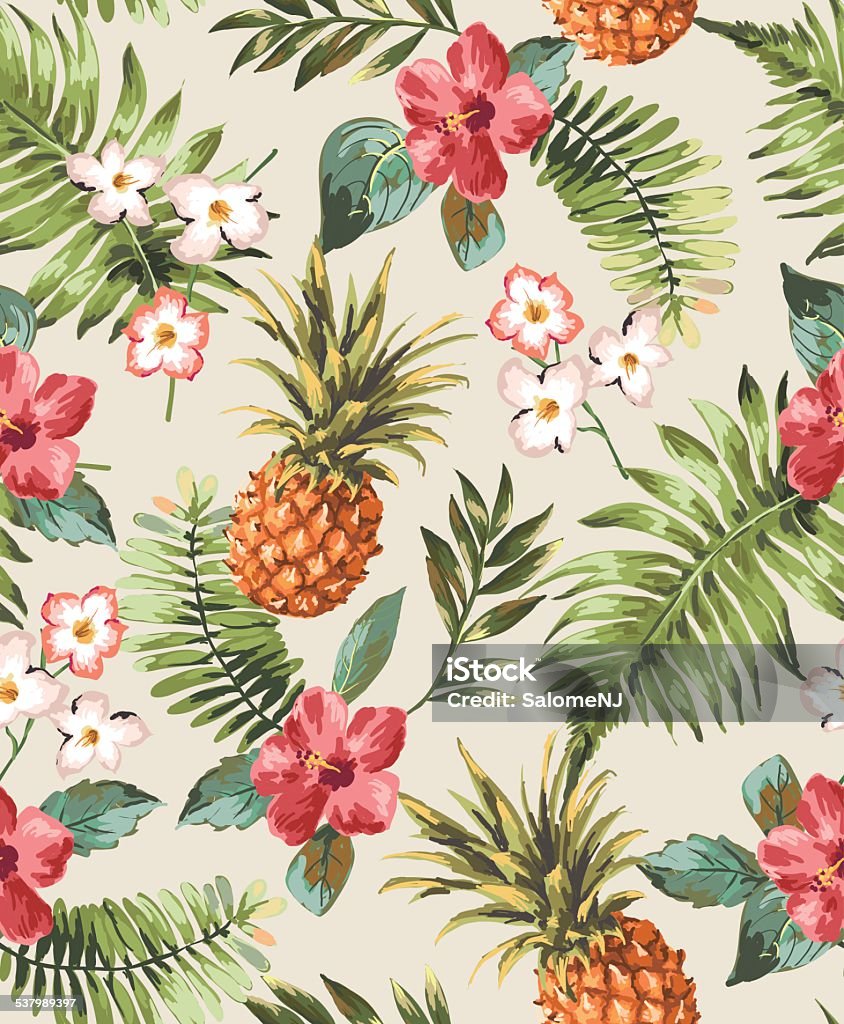 vintage seamless tropical flowers with pineapple vector pattern background Pattern stock vector