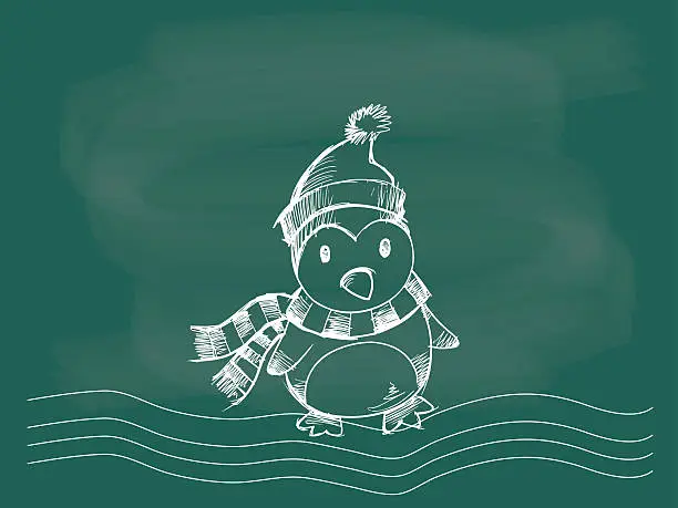 Vector illustration of penguin, vector of penguin Christmas drawing on the blackboard chalk