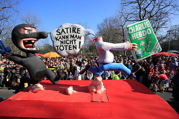 Charlie Hebdo float on Rose Monday stock photo