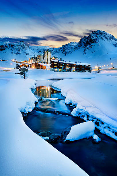 tignes, alpes, france - ski resort winter snow night photos et images de collection