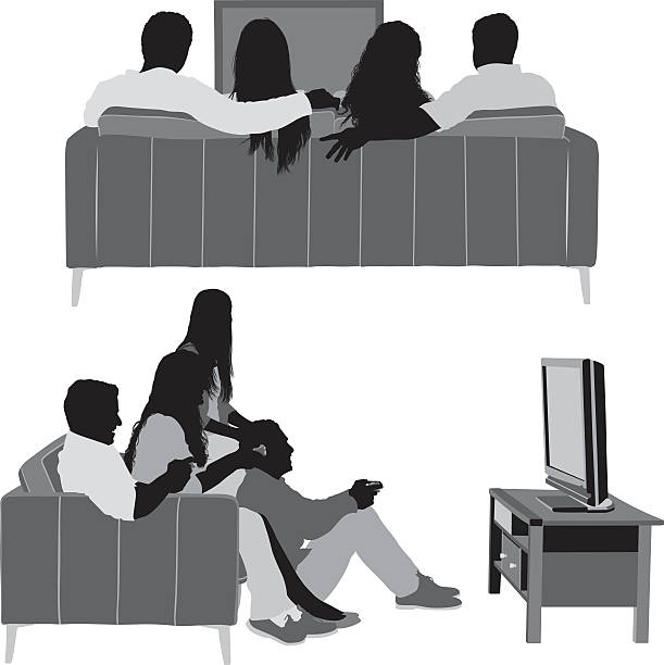 freunden vor dem fernseher - gamer watching tv adult couple stock-grafiken, -clipart, -cartoons und -symbole