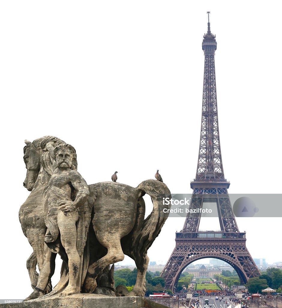 Eiffel Tower Isolated skulpture and Eiffel Tower in Paris, France White Background Stock Photo