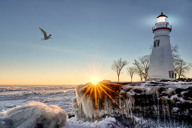 Marblehead Lighthouse Winter Sunrise stock photo