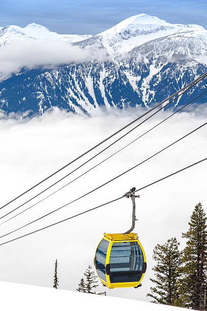 gelbe cable cars und die berge im skigebiet - ski slope overhead cable car snow frost stock-fotos und bilder