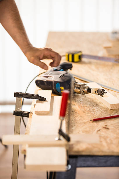 istock Hand tools and clamps on wooden block 538024516