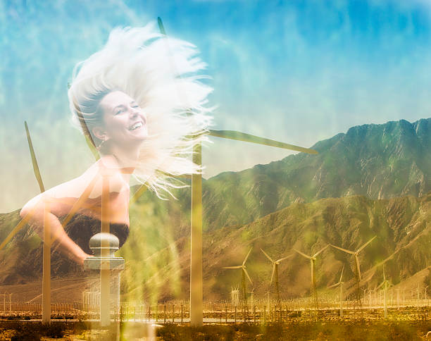 двукратная экспозиция препарата блондинка и ветра турбины - electric fan women wind beautiful стоковые фото и изображения