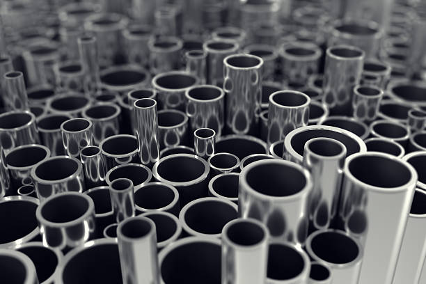 pila de tubos de acero, con profundidad de efecto de campo. ilustración en 3d - metal aluminum steel pipe fotografías e imágenes de stock