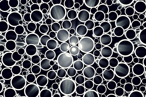 Stack of steel pipe background, front view, 3d illustration