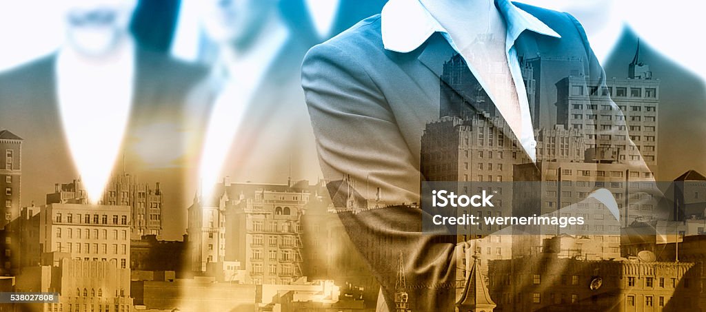 double exposure of businesspeople and cityscape double exposure of group of businesspeople and cityscape Adult Stock Photo