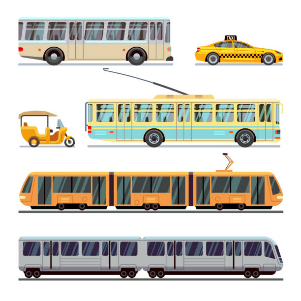 ilustrações, clipart, desenhos animados e ícones de municipal cidade de transporte conjunto de ícones do vetor plana - driving business travel car bus