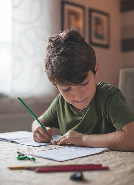istock Young boy sitting at the table doing his school homework. 538028338