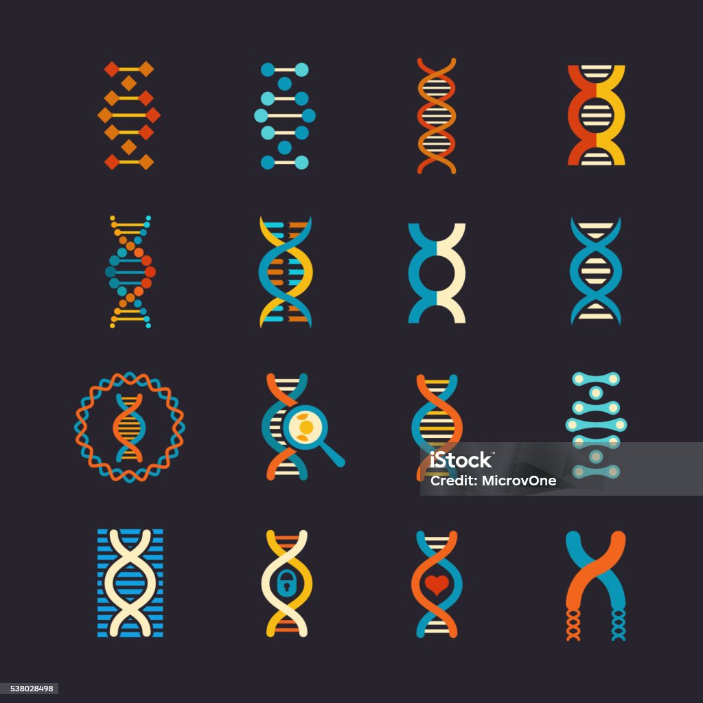 DNA genetic vector flat icons set DNA genetic vector flat icons set. Dna biotechnology sign, structure dna molecule illustration DNA stock vector