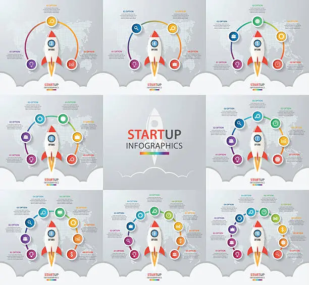 Vector illustration of Startup vector circle infographic set with rocket launch