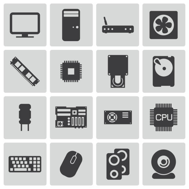 ilustraciones, imágenes clip art, dibujos animados e iconos de stock de vector de negro conjunto de iconos de componentes de pc - usb cable usb flash drive flash memories