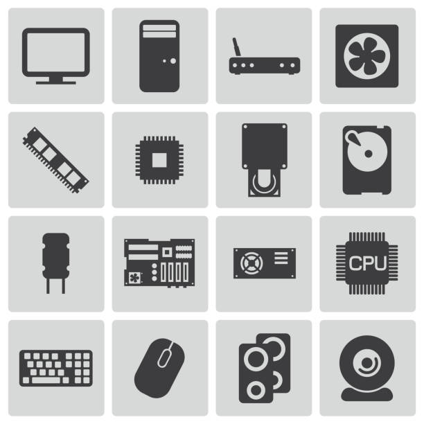 ilustrações, clipart, desenhos animados e ícones de de pc vetor preto componentes do conjunto de ícones - usb flash drive illustrations