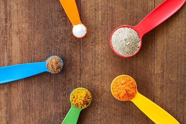 istock Various colorful spices on wooden table 538030434