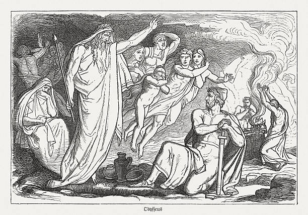 Ulysses in Hades, Greek mythology, wood engraving, published in 1880 Ulysses (Odysseus) in Hades. Scene from the Greek Mythology. Wood engraving, published in 1880. ulysses stock illustrations
