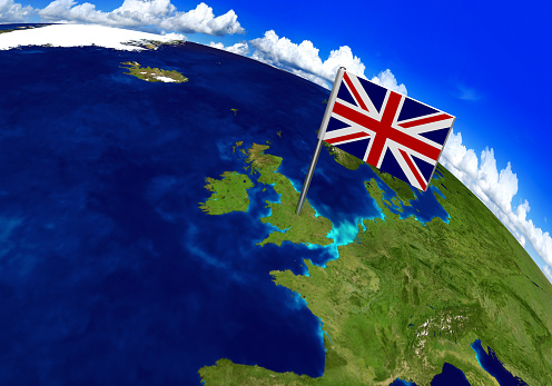 3D world render with the British flag over the location of the United Kingdom. Parts of this image furnished by NASA.