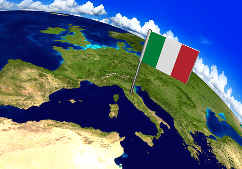 3D world render with the Italian flag over the location of Italy. Parts of this image furnished by NASA.