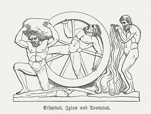 sisyphos, ixion und der tantalus, griechischen mythologie, holz-gravur, veröffentlichte 1880 - sisyphus stock-grafiken, -clipart, -cartoons und -symbole