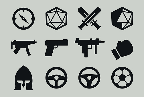 Game genre icons: adventure, rpg, shooter, sport, beat 'em up, driving, soccer. Include various guns, smgs, boxing glove, helmet, sword, compass, steering wheel. All vector and isolated.