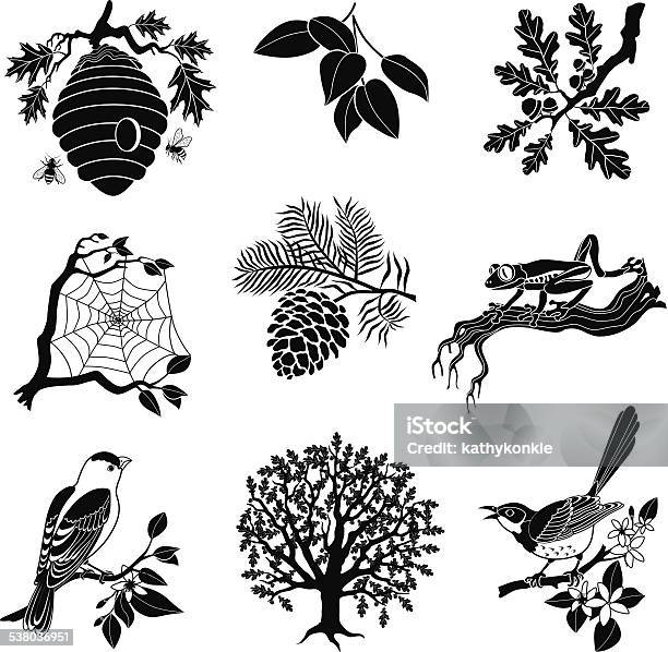 Vector Forest Wildlife Icon Set In Black And White Stock Illustration - Download Image Now - Beehive, Bee, Branch - Plant Part