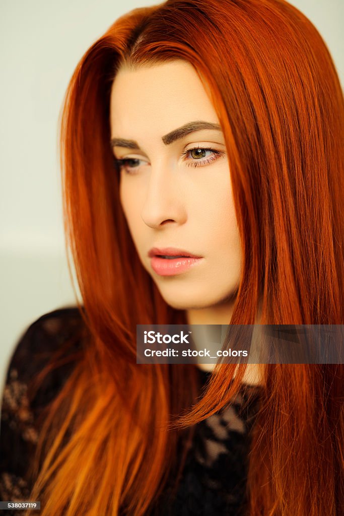 nostalgia red hair nostalgic woman thinking far away. 2015 Stock Photo