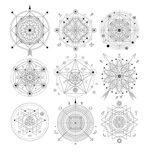 Mystical geometry symbols set. Mystical geometry symbols set. Linear alchemy, occult, philosophical sign. For music album cover, poster, flyer, logo design. Astrology, imagination, creativity, superstition, religion concept. pentagram stock illustrations