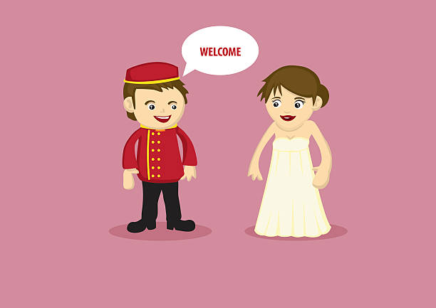Friendly Hotel Bellboy at Work Vector illustration of a Hotel Bellboy in red uniform serving and greeting welcome to a lady guest in long evening dress ring bearer stock illustrations