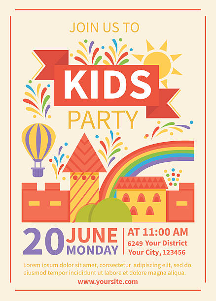 Kids Party Kids Party Flyer template. Vector illustration. preschool building stock illustrations