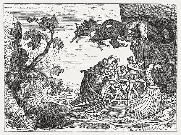 Ulysses and the Scylla, Greek mythology, wood engraving, published 1880 Ulysses (Odysseus) loses six of his companions by the Scylla. Scene from the Greek Mythology. Wood engraving, published in 1880. ulysses stock illustrations