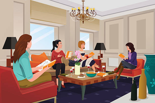 Women in a book club meeting A vector illustration of  group of women in a book club meeting book club stock illustrations